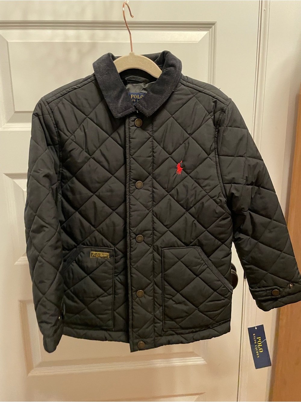NEW Polo Ralph Lauren Kids Quilted Black/ dark gray Jacket w/Corduroy Collar 7